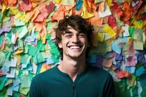 AI generated a young man who appears to be in a good mood, smiling and facing a wall covered with various colorful pieces of paper, possibly notes or sticky-notes. The wall of paper creates a vibrant and playful backdrop for the man's cheerful expression. photo