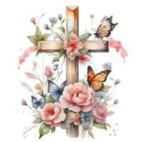 AI generated watercolor christian cross in flowers on white background photo