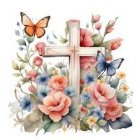 AI generated watercolor christian cross in flowers on white background photo