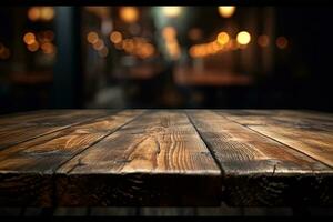 AI generated wood table with warm lights background photo