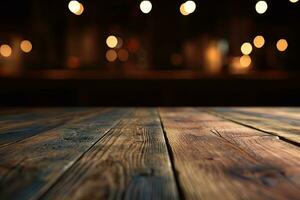 AI generated wood table with warm lights background photo