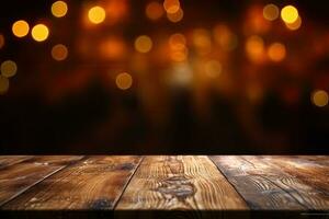 AI generated wood table with warm lights background photo