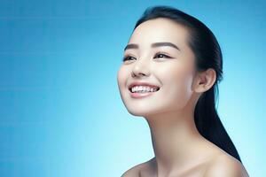 AI generated skincare and makeup concept beautiful asian female woman with healthy facial skin close up portrait photo