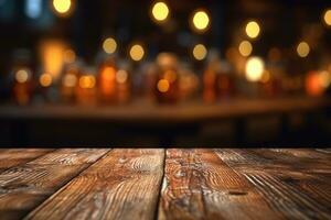 AI generated wood table with warm lights background photo