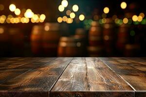 AI generated wood table with warm lights background photo