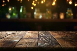 AI generated wood table with warm lights background photo