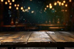 AI generated wood table with warm lights background photo