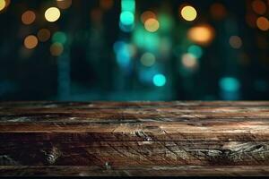 AI generated wood table with warm lights background photo