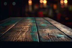 AI generated wood table with warm lights background photo