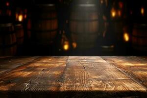 AI generated wood table with warm lights background photo