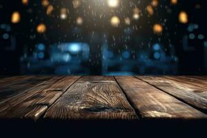 AI generated wood table with warm lights background photo