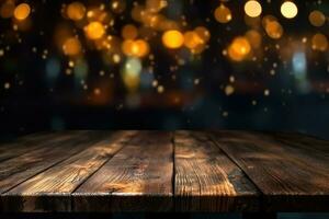 AI generated wood table with warm lights background photo