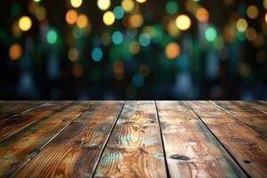 AI generated wood table with warm lights background photo