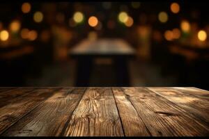 AI generated wood table with warm lights background photo