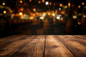 AI generated wood table with warm lights background photo