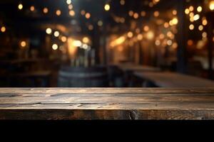 AI generated wood table with warm lights background photo