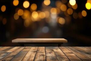 AI generated wood table with warm lights background photo