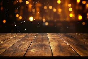 AI generated wood table with warm lights background photo
