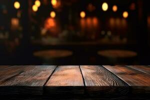 AI generated wood table with warm lights background photo