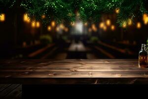 AI generated wood table with warm lights background photo