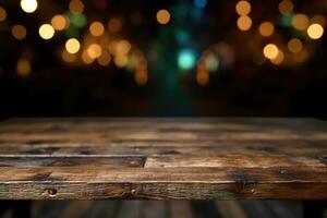 AI generated wood table with warm lights background photo