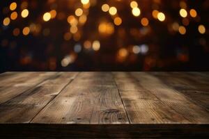 AI generated wood table with warm lights background photo