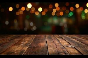 AI generated wood table with warm lights background photo