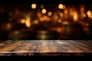 AI generated wood table with warm lights background photo