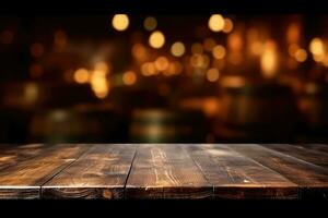 AI generated wood table with warm lights background photo