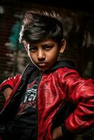 AI generated a young boy wearing a red jacket, who is striking a pose for the camera with a serious and mean expression. His gaze is directed towards the camera, capturing the viewer's attention. photo