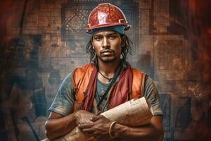 AI generated A man wearing a red hard hat is standing in front of a wall, possibly holding a set of blueprints or a document. He is the main subject in the image, showcasing his occupation and work-related activity. photo