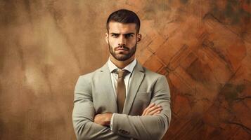 AI generated a confident young man dressed in a gray suit and tie, posing for a photo. He appears to be a professional and is standing in front of a wood-patterned background that complements his attire. photo