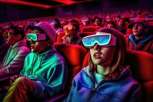 ai generado audiencia disfrutando 3d película en un teatro foto