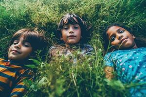 ai generado Tres niños tendido en el césped y disfrutando su hora juntos foto