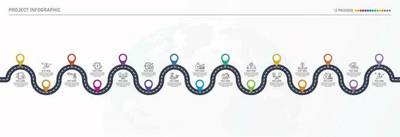Road way infographic of 15 steps and business icons for finance process steps. vector