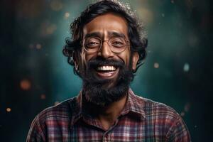 ai generado un contento hombre con un grande sonrisa y lentes foto