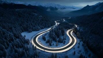 AI generated Curvy road by day from above, in the middle of a snow covered forest photo