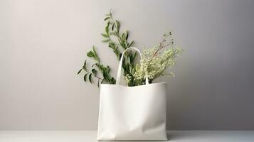 AI generated Generative AI, eco handbag full of flowers, white tote bag mock up on neutral background photo