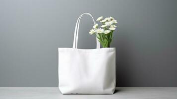 AI generated Generative AI, eco handbag full of flowers, white tote bag mock up on neutral background photo