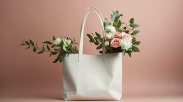 AI generated Generative AI, eco handbag full of flowers, white tote bag mock up on neutral background photo