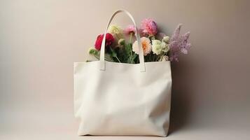AI generated Generative AI, eco handbag full of flowers, white tote bag mock up on neutral background photo