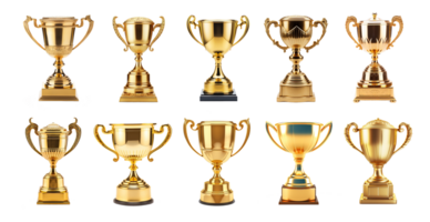 AI generated Generative AI, PNG set of 10 trophy cup. Champion trophy, shiny golden cup, sport award. Winner prize