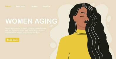 Concept of landing page of woman process of aging. Natural aging concept. vector