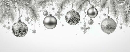 AI Generated Silver Ornaments on Frosty Pine photo