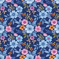 Cute colorful flowers and leaf on dark blue color background seamless pattern. vector