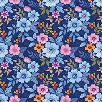 Cute colorful flowers and leaf on dark blue color background seamless pattern. vector