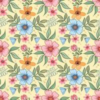 Colorful flowers design with green leaf on yellow color background seamless pattern. vector