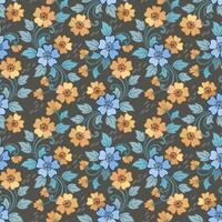 Cute small yellow and blue flowers with green leaf seamless pattern. vector