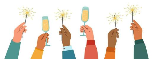 Sparklers and champagne flutes in the hands vector