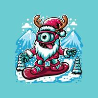 santa claus on snowboard. cute monster wearing a Santa Claus costume playing snowboarding in the snowy mountains vector